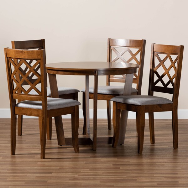 Baxton Studio Dayna Grey Upholstered and Walnut Wood 5-Piece Dining Set - 173-9874-10897