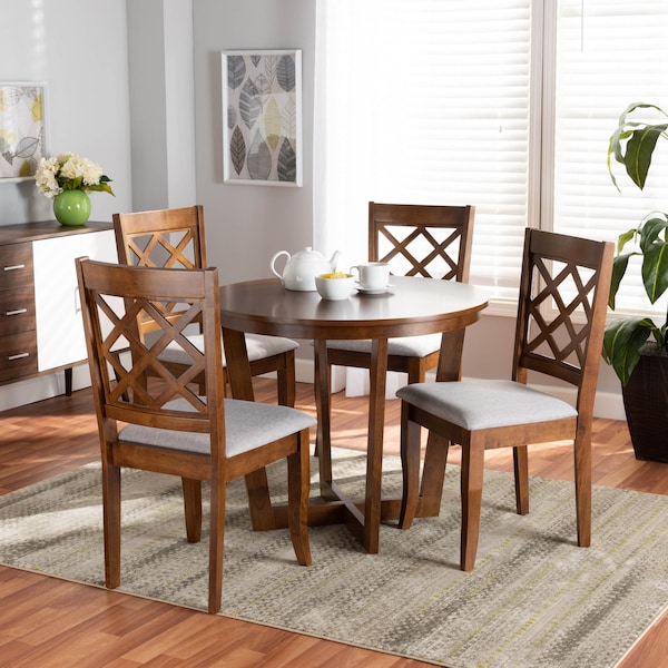 Baxton Studio Dayna Grey Upholstered and Walnut Wood 5-Piece Dining Set - 173-9874-10897