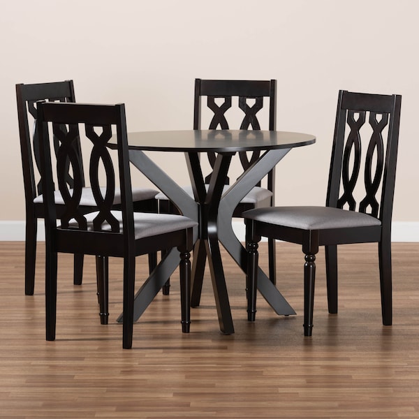 Baxton Studio Callie Grey Upholstered and Brown Finished Wood 5-Piece Dining Set - 170-9734-10892