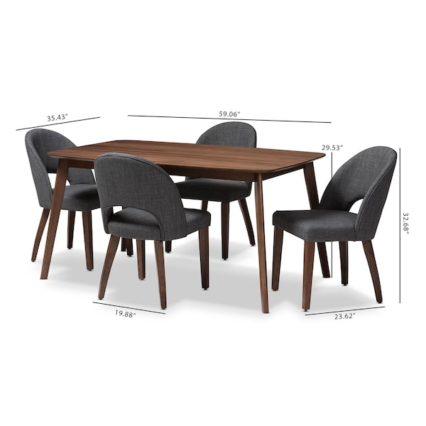 Baxton Studio Wesley Dark Grey Upholstered Walnut Finished Wood 5-Piece Dining Set - 144-7944-7946