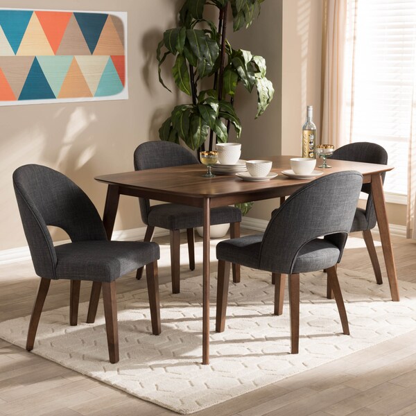 Baxton Studio Wesley Dark Grey Upholstered Walnut Finished Wood 5-Piece Dining Set - 144-7944-7946