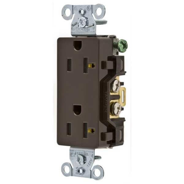 Hubbell Receptacle, 20 A Amps, 125V AC, Flush Mount, Decorator Duplex Outlet, 5-20R, Brown - DR20