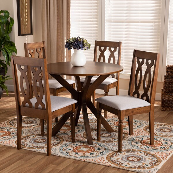 Baxton Studio Callie Grey Upholstered and Walnut Wood 5-Piece Dining Set - 170-9878-10891