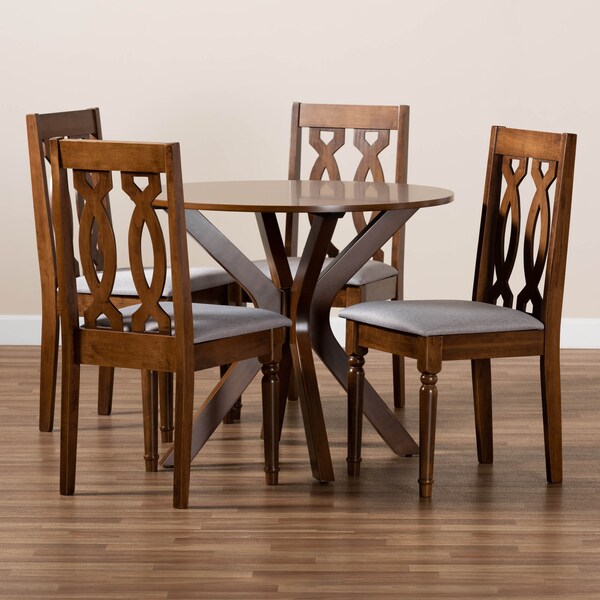Baxton Studio Callie Grey Upholstered and Walnut Wood 5-Piece Dining Set - 170-9878-10891