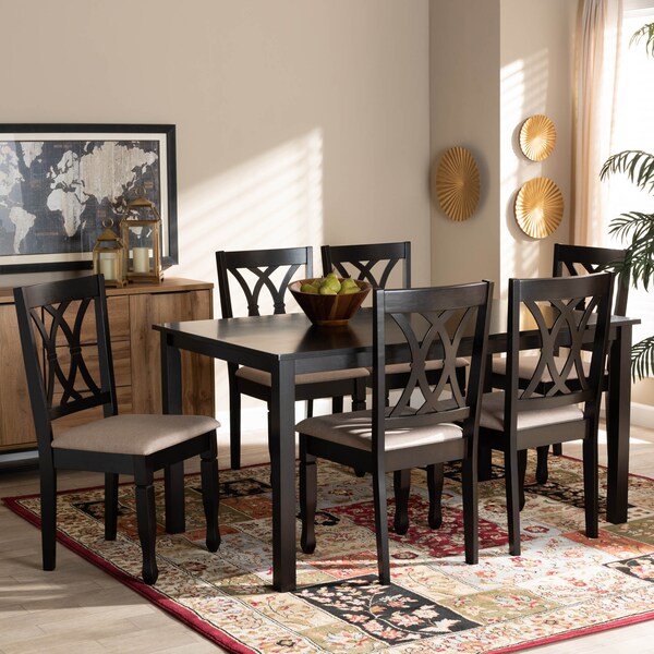 Baxton Studio Reneau Sand Upholstered Espresso Wood 7-Piece Dining Set - 162-10527-10519