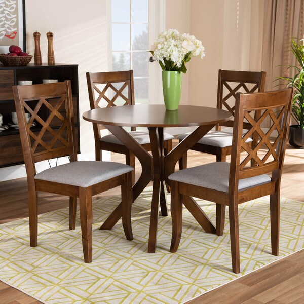 Baxton Studio Jana Grey Upholstered and Walnut Wood 5-Piece Dining Set - 168-9874-10891
