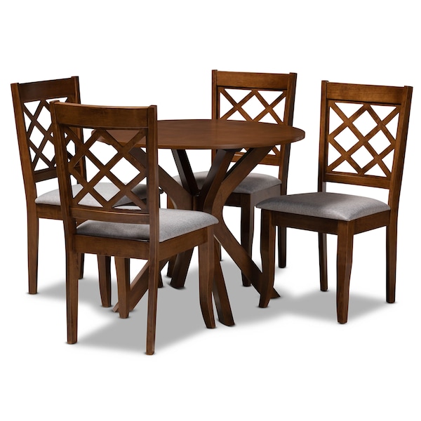 Baxton Studio Jana Grey Upholstered and Walnut Wood 5-Piece Dining Set - 168-9874-10891