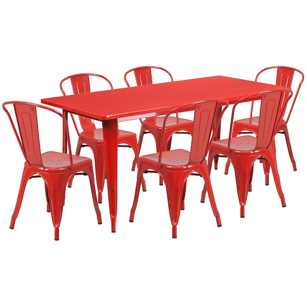 Flash Furniture Rectangle Red Metal Table Set, 31-1/2"X63", 31.5" W, 63" L, 29.5" H, Metal, Red - ET-CT005-6-30-RED-GG