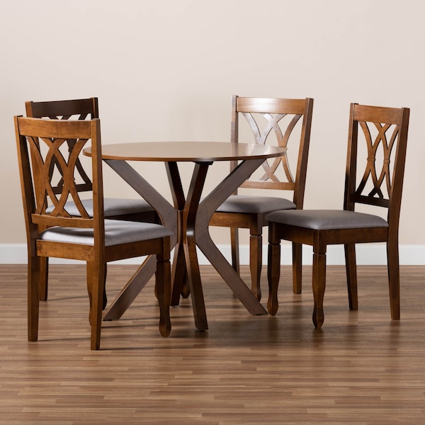 Baxton Studio Maya Grey Upholstered and Walnut Wood 5-Piece Dining Set - 173-9882-10891