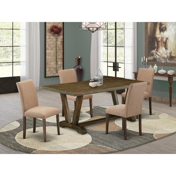 East West Furniture 5 Piece V-Style Dining Room Table Set - Distressed Jacobean - V777AB747-5