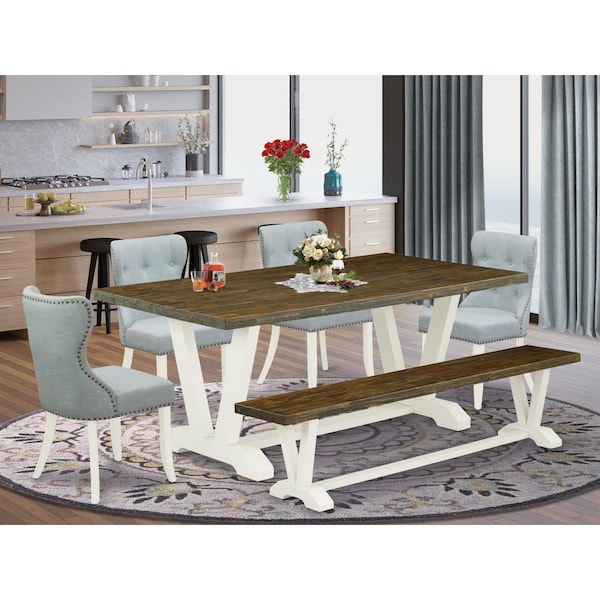 East West Furniture 6 Piece V-Style Dining Table Set - Linen White - V077SI215-6