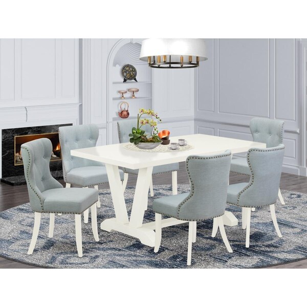 East West Furniture 7 Piece V-Style Modern Dining Set - Linen White - V026SI215-7