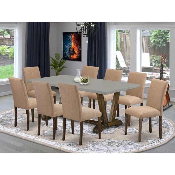 East West Furniture 9 Piece V-Style Dining Table Set - Distressed Jacobean - V797AB747-9