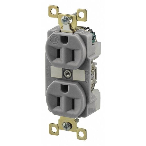 Zoro Select Receptacle, 15 A Amps, 125V AC, Flush Mount, Standard Duplex Outlet, 5-15R, Gray - BRY5262GRY