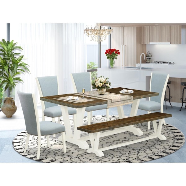 East West Furniture 6 Piece V-Style Dining Table Set - Linen White - V077VE215-6
