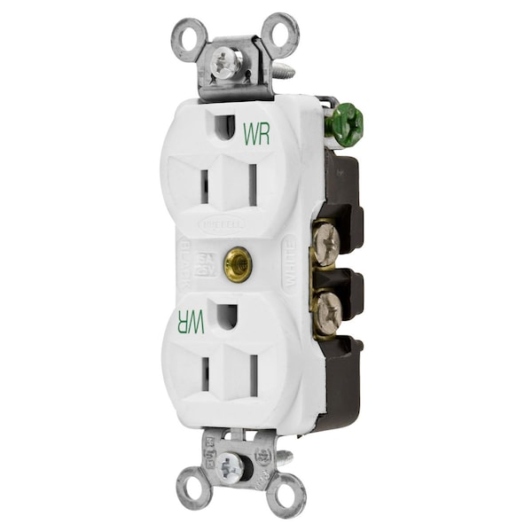 Hubbell Wiring Device-Kellems Straight Blade Devices, Weather Resistant Receptacles, Duplex, Commercial/Industrial Grade, 2-Pole 3-Wire Grounding, 15A 125V, 5-15R, White - 5262WWR