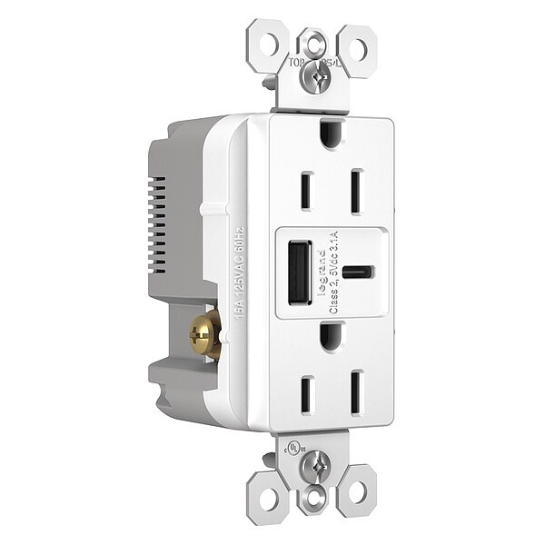 Legrand USB Charger Recept, 15 A, White, Type A/C - R26USBACW