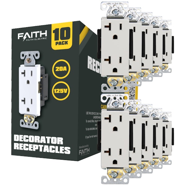 Faith Duplex Receptacle Outlet, Non-Tamper-Resistant 3-Prong Outlet Receptacle, 3-Wire, White, 10PK - SSRE4-WH-10