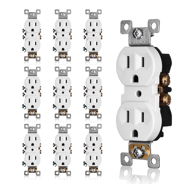 Faith Duplex Receptacle Outlet, Non-Tamper-Resistant 3-Prong, 3-Wire, Self-Ground, 15A 125V, White, 10PK - SSRE2-WH-10
