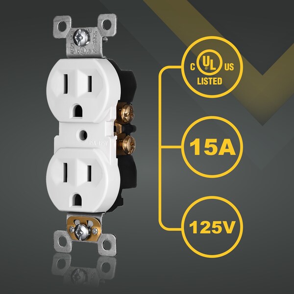 Faith Duplex Receptacle Outlet, Non-Tamper-Resistant 3-Prong, 3-Wire, Self-Ground, 15A 125V, White, 10PK - SSRE2-WH-10