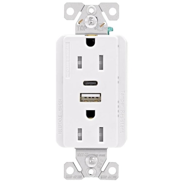 Eaton Wiring Devices TRUSBAC15 Receptacle, 2 Pole, 5 A, 125 VAC, 2 USB Port, Type A, C USB, White - TRUSBAC15W-K-L