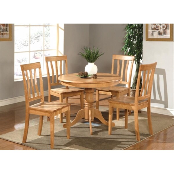 East West Furniture 5 -Piece Antique Round Kitchen 36 in. Table and 4 Chairs with Wood seat - ANTI5-OAK-W