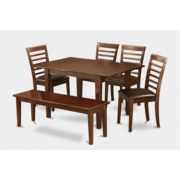 East West Furniture 6 Pc Dining Table 32x60in With 4 Ladder Back Faux Leather Seat Chairs and one 52-in Long Bench - PSML6D-MAH-LC