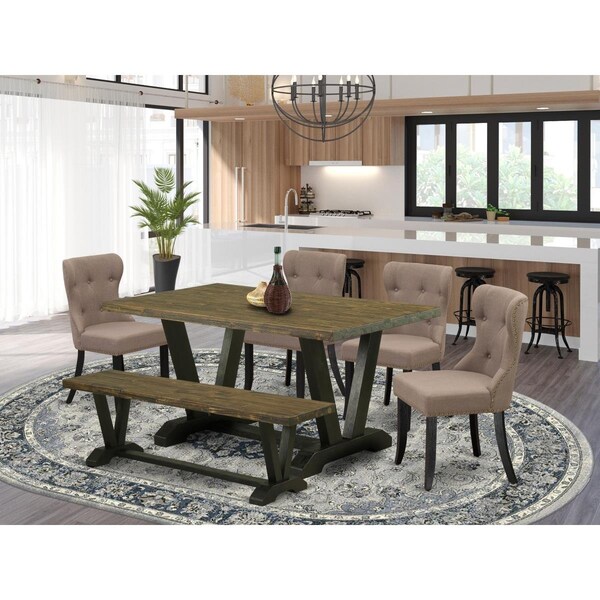 East West Furniture 6 Piece V-Style Kitchen Dining Room Set - Wire Brushed Black - V676SI648-6