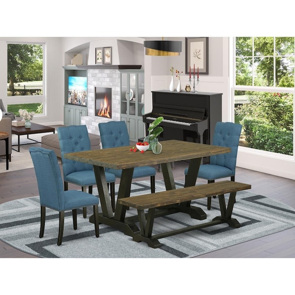East West Furniture 6 Piece V-Style Amazing Modern Dining Table Set - Wire Brushed Black - V676EL121-6