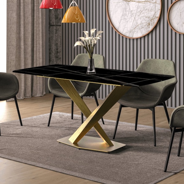 Leisuremod Rectangular 55.11 in W, 29.9 in L, Sintered Stone/ Stainless Steel, Black/Gold - VTG-55BLG-S