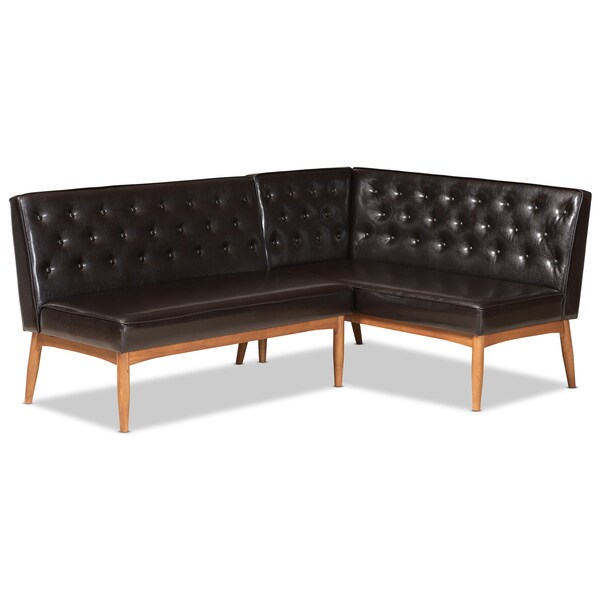 Baxton Studio Riordan Mid-Century Dark Brown Faux Leather and Walnut Brown Wood 2-PC Dining Nook Banquette Set - 186-11358-ZORO