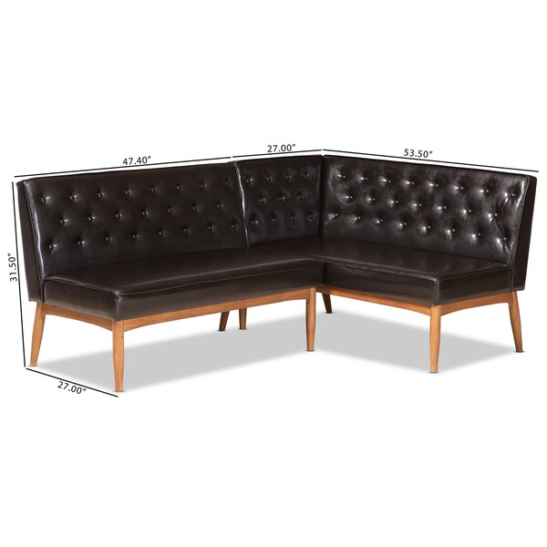 Baxton Studio Riordan Mid-Century Dark Brown Faux Leather and Walnut Brown Wood 2-PC Dining Nook Banquette Set - 186-11358-ZORO