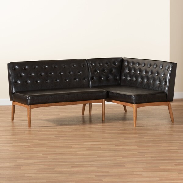 Baxton Studio Riordan Mid-Century Dark Brown Faux Leather and Walnut Brown Wood 2-PC Dining Nook Banquette Set - 186-11358-ZORO