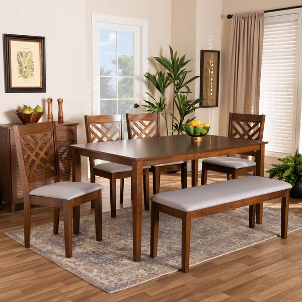 Baxton Studio Gustavo Grey Upholstered and Walnut Wood 6-Piece Dining Set - 170-9881-10917-10520