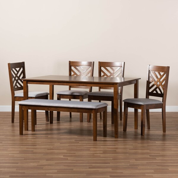 Baxton Studio Gustavo Grey Upholstered and Walnut Wood 6-Piece Dining Set - 170-9881-10917-10520