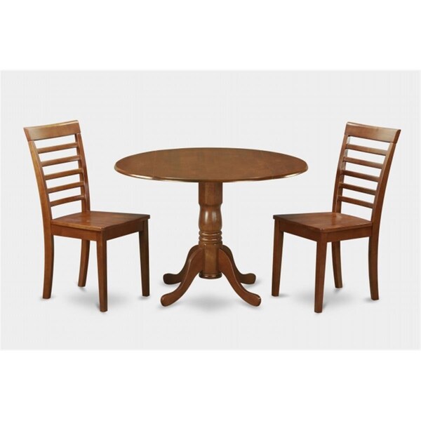 East West Furniture 3PC Kitchen Round Table with 2 Drop Leaves and 2 Ladder-back Chairs with wood Seat - DLML3-SBR-W