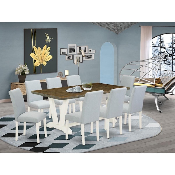 East West Furniture 9 Piece V-Style Dining Room Set - Linen White - V077AB015-9