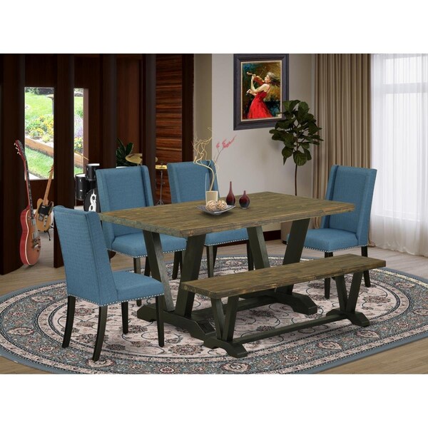 East West Furniture 6 Piece V-Style Amazing Dining Room Set - Wire Brushed Black - V676FL121-6
