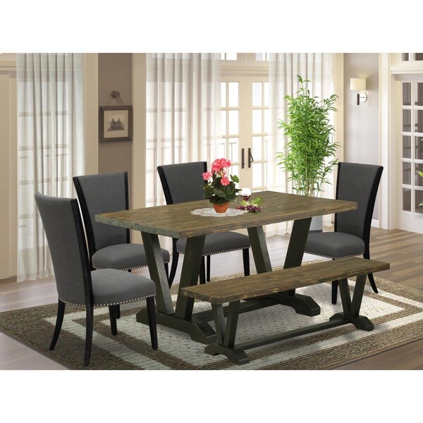 East West Furniture 6 Piece V-Style Mid Century Dining Set - Black - V676VE650-6