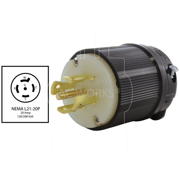 Ac Works NEMA L21-20P 20A 3-Phase 120/208V 3PY, 5-Wire Locking Male Plug UL, C-UL Approval in Black - ASL2120P-BK