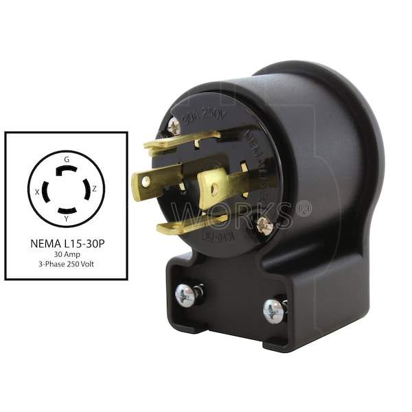 Ac Works NEMA L15-30P 3-Phase 30A 250V Elbow 4-Prong Locking Male Plug with UL, C-UL Approval - ASEL1530P