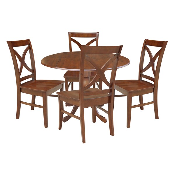International Concepts 42 in. Dual Drop Leaf Table with 4 Cross Back Dining Chairs - 5 Piece Dining Set - K581-42DP-C-14-4