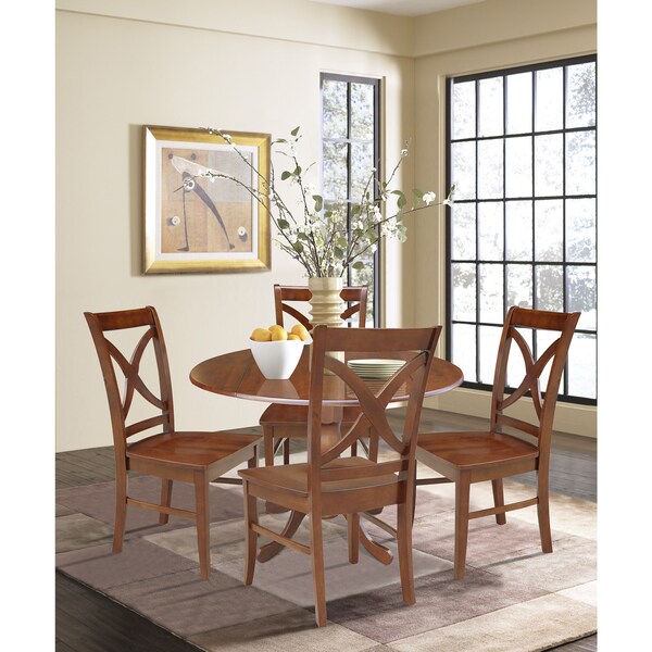International Concepts 42 in. Dual Drop Leaf Table with 4 Cross Back Dining Chairs - 5 Piece Dining Set - K581-42DP-C-14-4