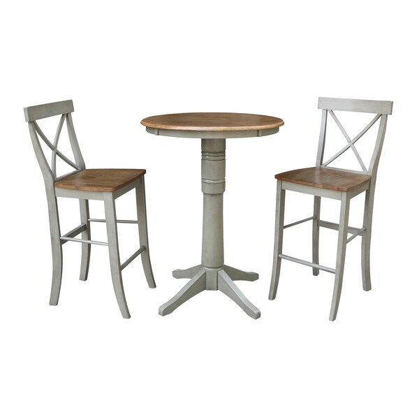International Concepts Round 30 in Rd Pedestal Bar Ht Table, 2 X-Back Bar Ht Stools, Hickory/Stone, 30 in W, 30 in L, Wood - K41-30RT-27B-S6133-2