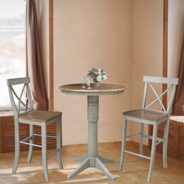 International Concepts Round 30 in Rd Pedestal Bar Ht Table, 2 X-Back Bar Ht Stools, Hickory/Stone, 30 in W, 30 in L, Wood - K41-30RT-27B-S6133-2