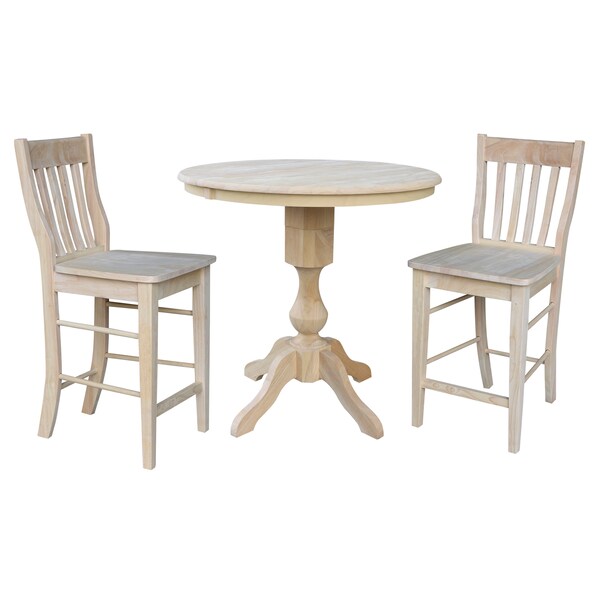 International Concepts Round 36 in Rd Extend Dining Table 34.9 inH, 2 Cafe Counter Ht Stools, Unfinished, 36 in W, 48 in L - K-36RXT-11P-S6162-2