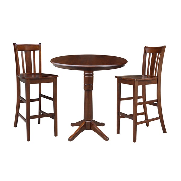 International Concepts Round 36 in Rd Pedestals Bar Height Table, 2 Bar Height Stools, Espresso, 36 in W, 36 in L, Wood - K581-36RT-27B-S103-2