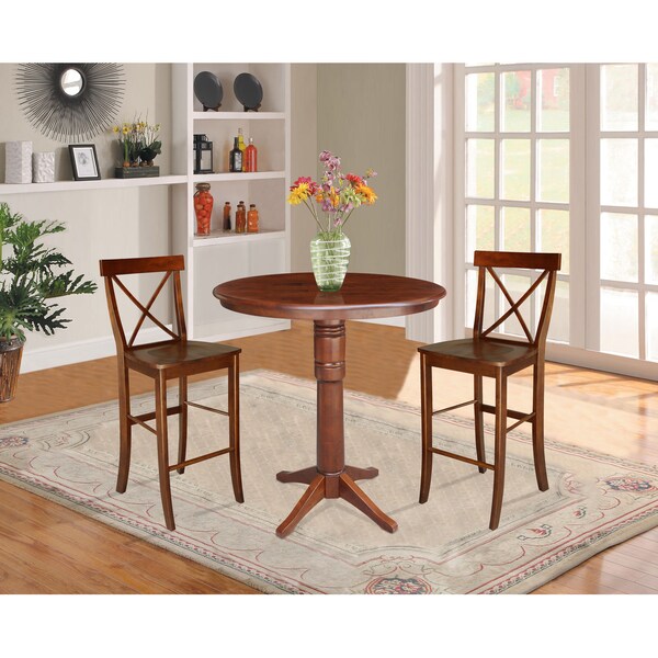 International Concepts Round 36 in Rd Pedestals Bar Height Table, 2 Bar Height Stools, Espresso, 36 in W, 36 in L, Wood - K581-36RT-27-S6133-2