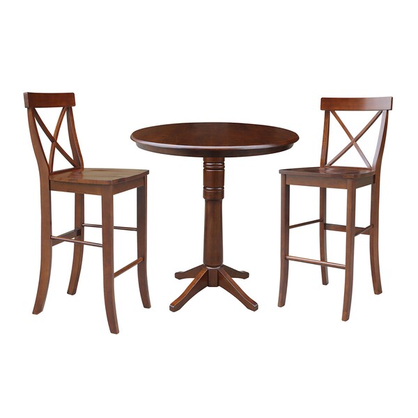 International Concepts Round 36 in Rd Pedestals Bar Height Table, 2 Bar Height Stools, Espresso, 36 in W, 36 in L, Wood - K581-36RT-27-S6133-2