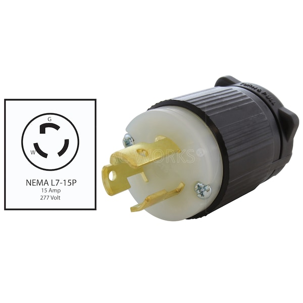 Ac Works NEMA L7-15P 15A 277V 3-Prong Locking Male Plug with UL, C-UL Approval - ASL715P